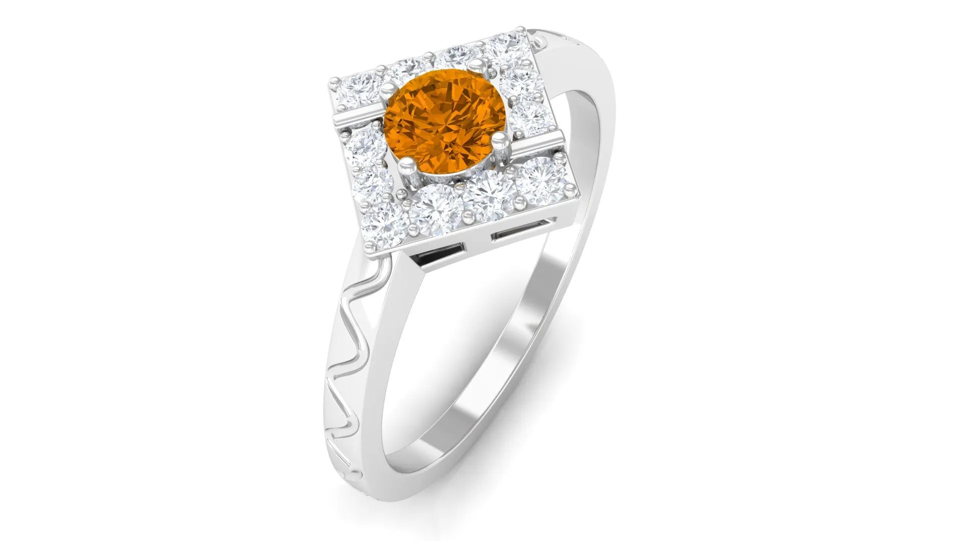 0.50 CT Round Shape Citrine Minimal Textured Ring with Diamond