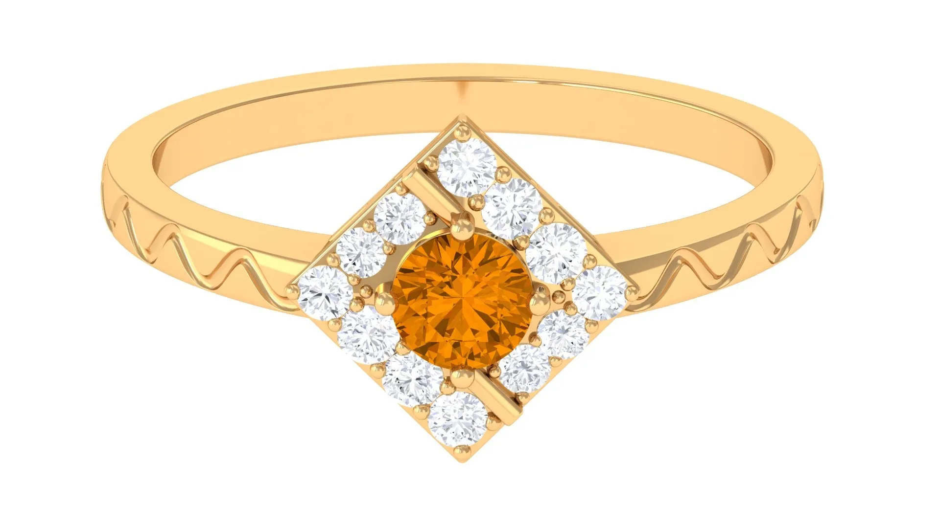 0.50 CT Round Shape Citrine Minimal Textured Ring with Diamond