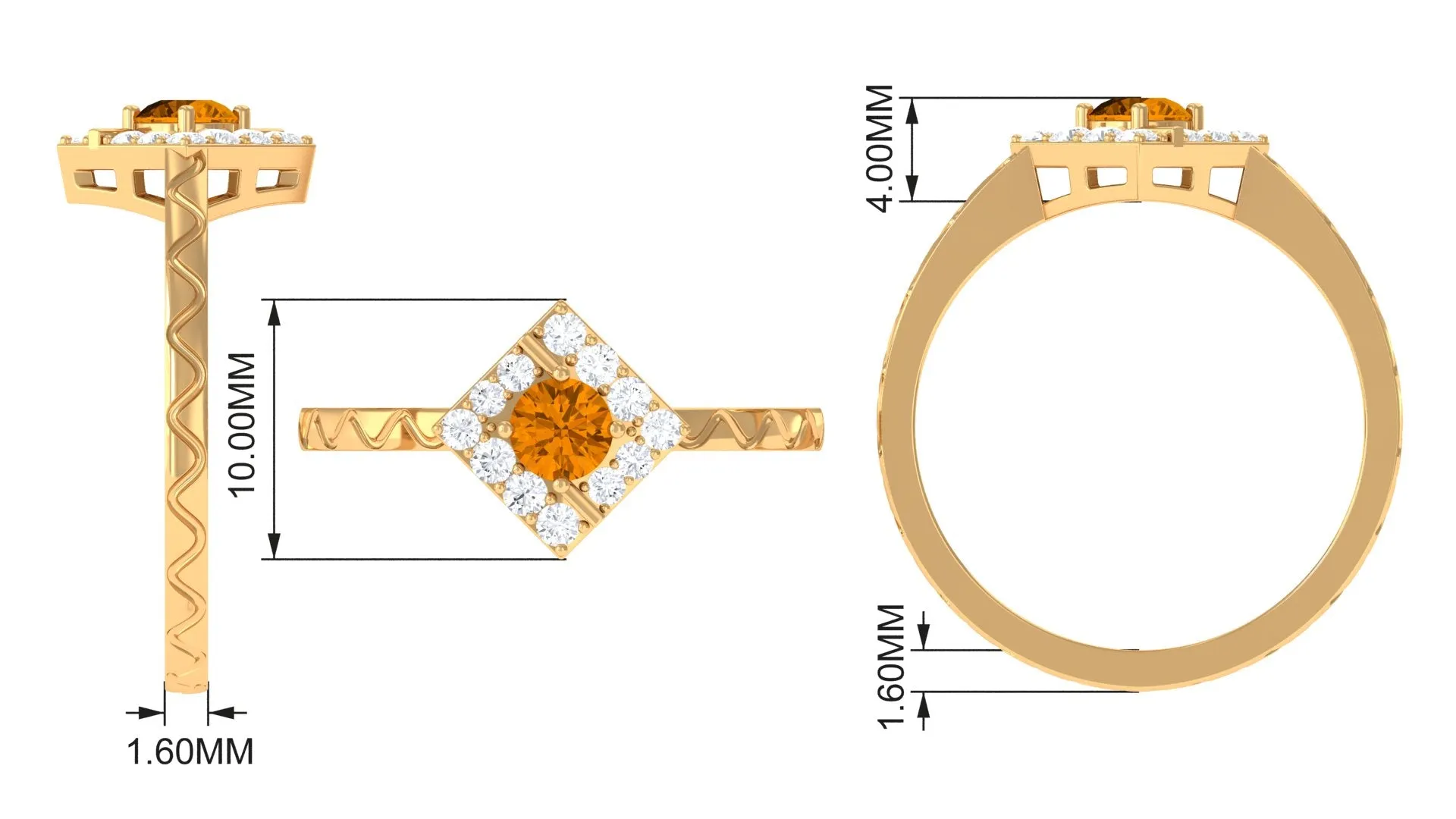 0.50 CT Round Shape Citrine Minimal Textured Ring with Diamond