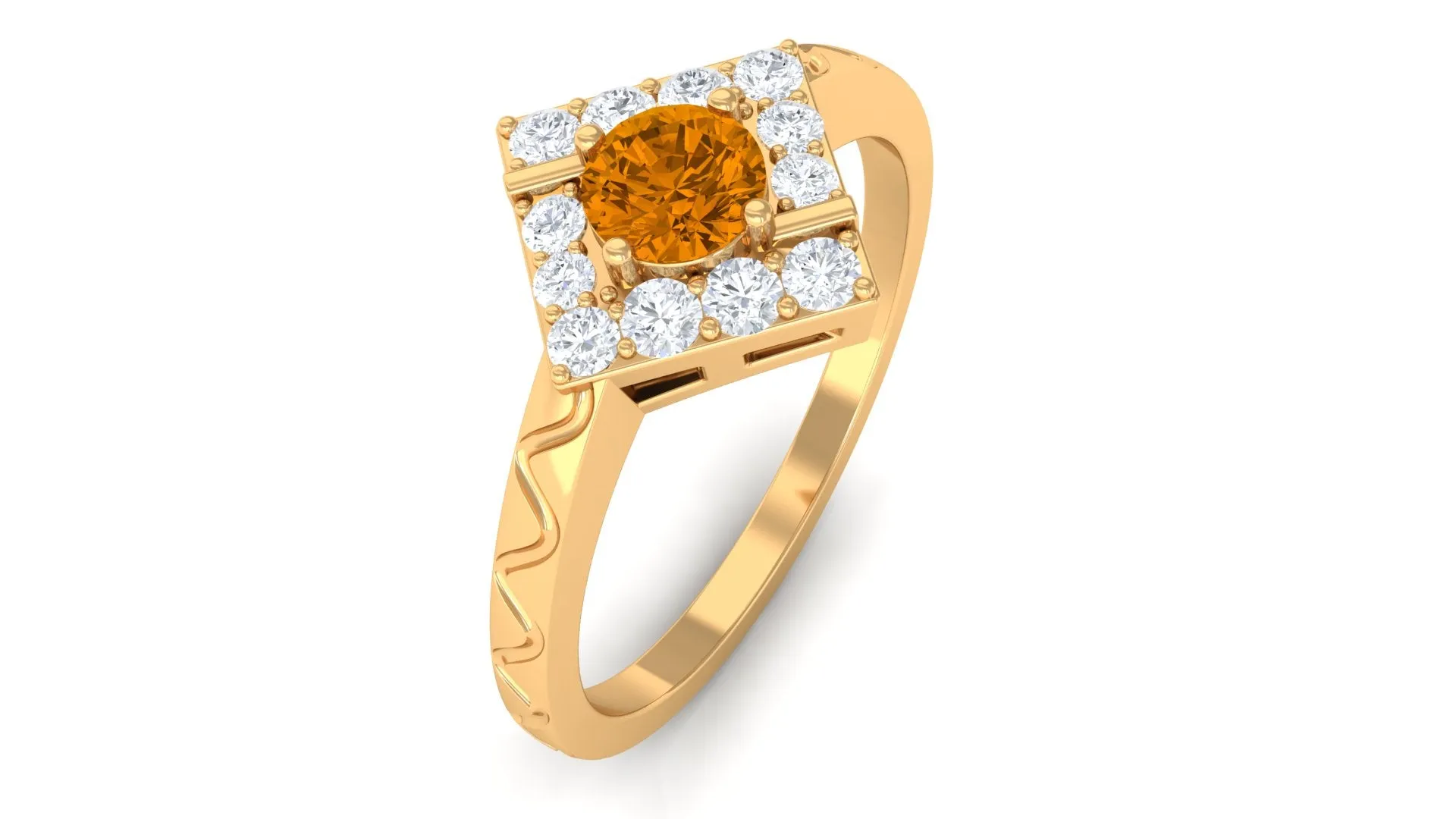 0.50 CT Round Shape Citrine Minimal Textured Ring with Diamond