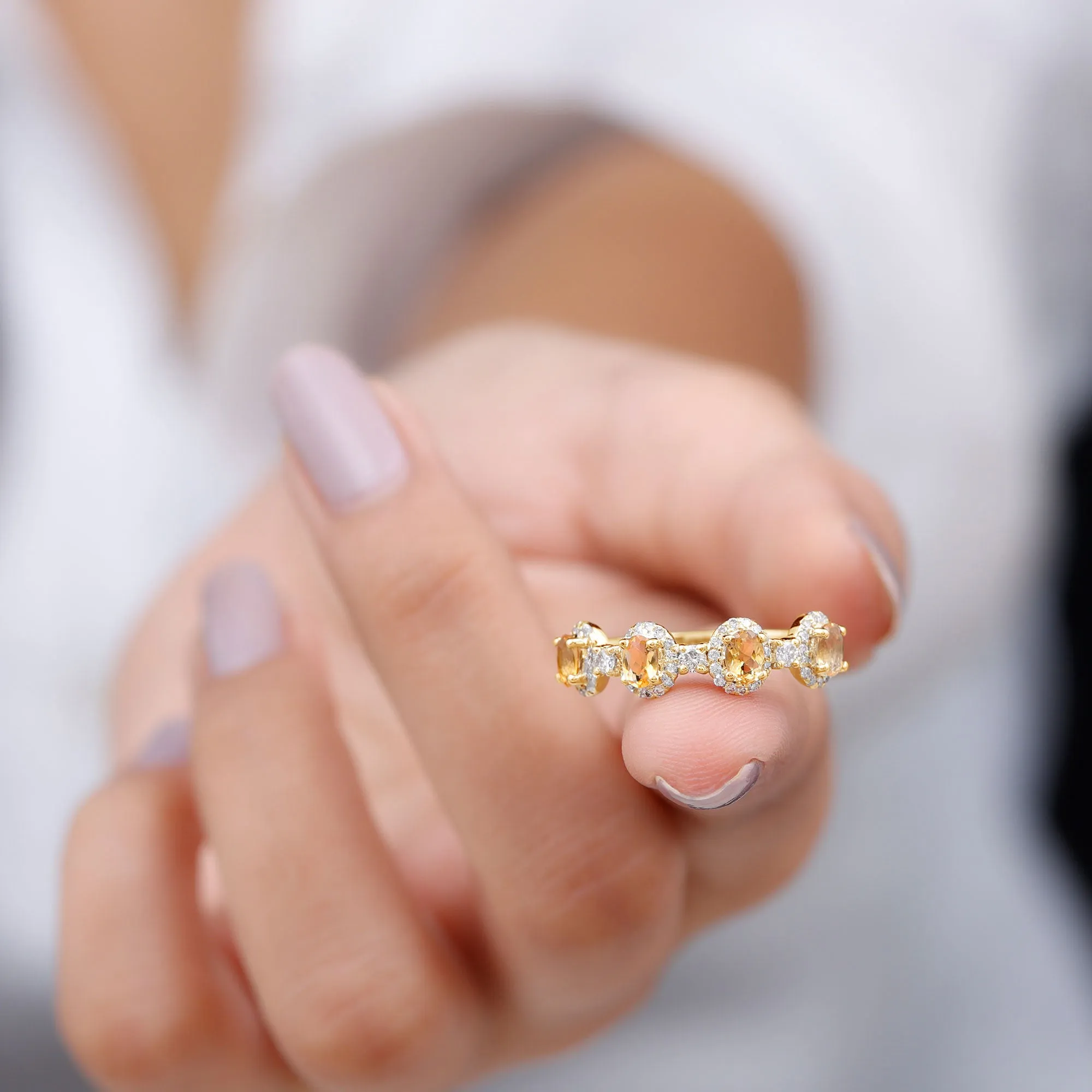 1 CT Oval Cut Citrine Anniversary Ring with Diamond Halo