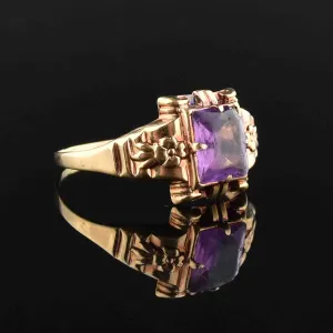 10K Gold Floral Emerald Cut Amethyst Ring