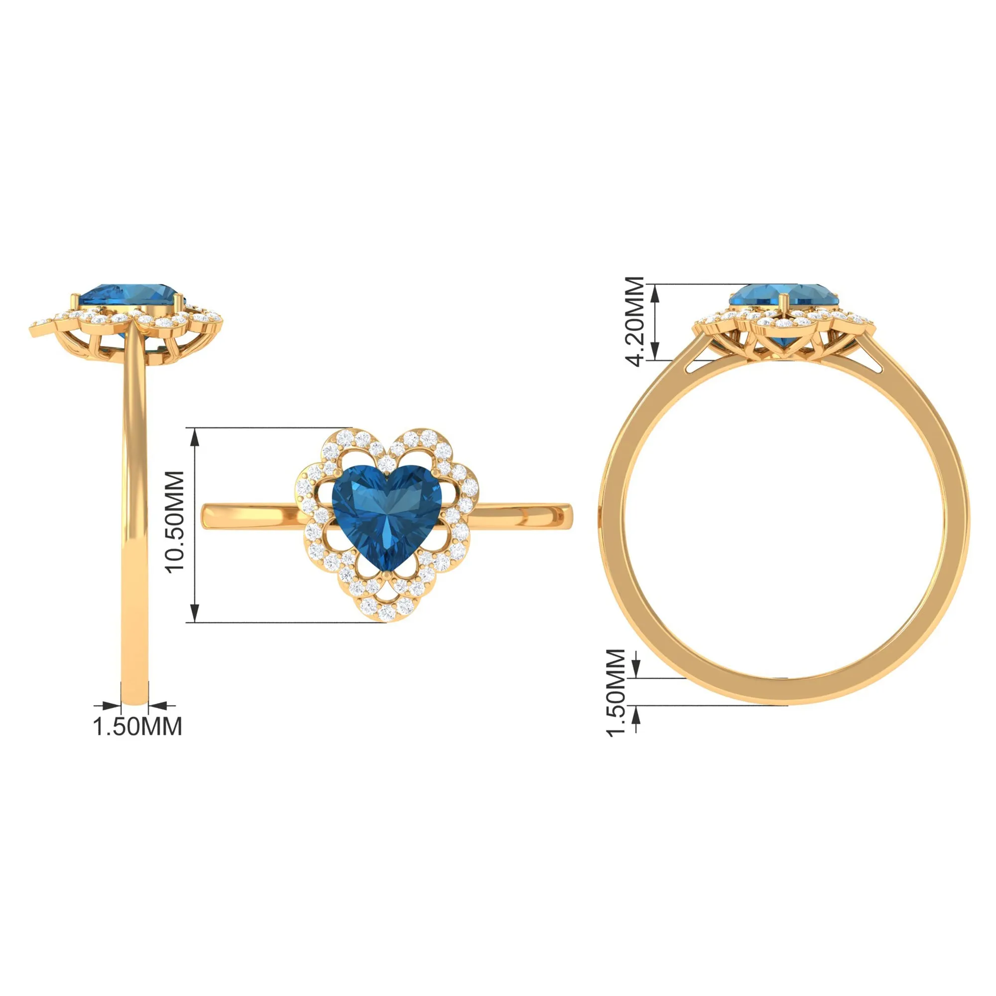 1.25 CT Heart London Blue Topaz Designer Engagement Ring with Diamond