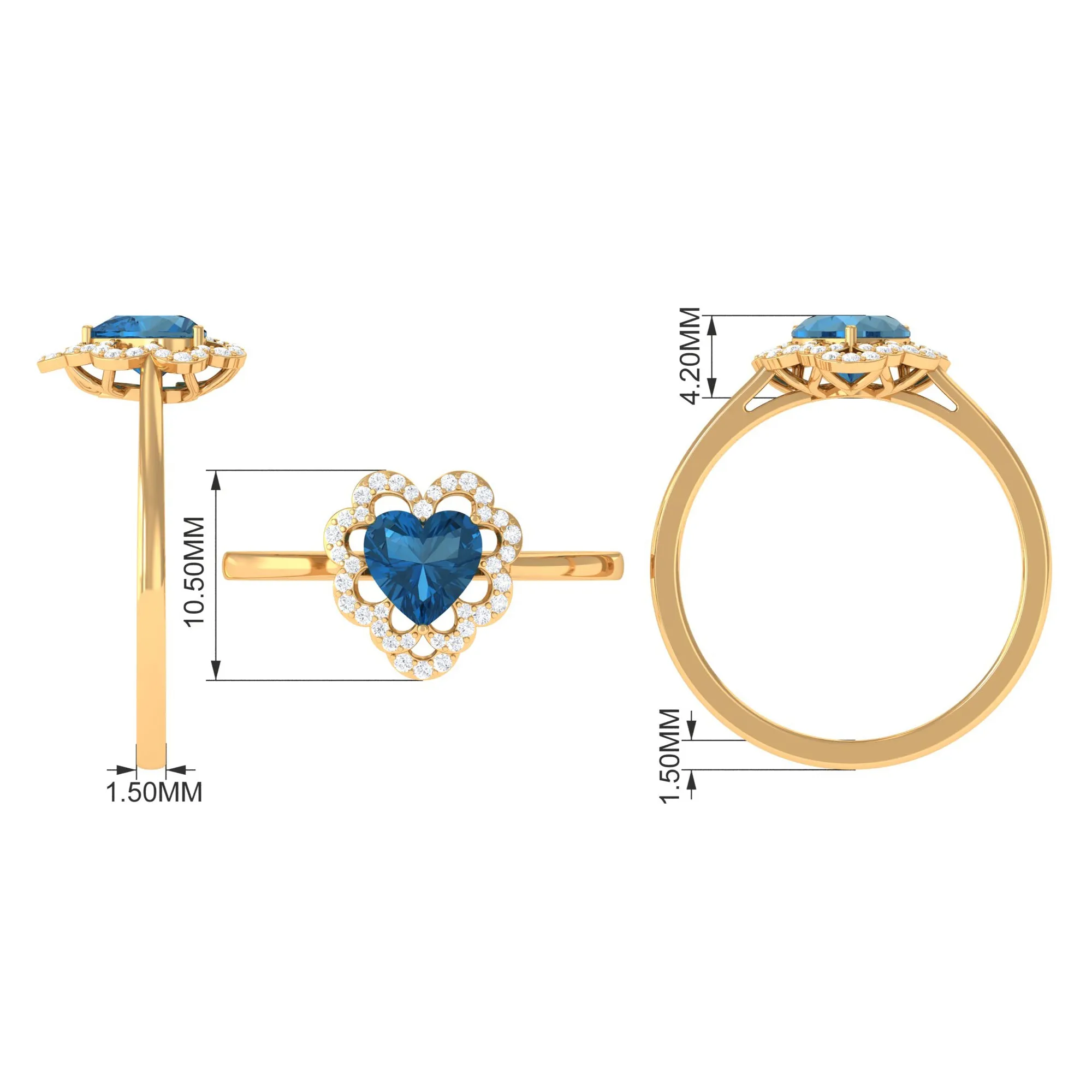 1.25 CT Heart London Blue Topaz Designer Engagement Ring with Diamond