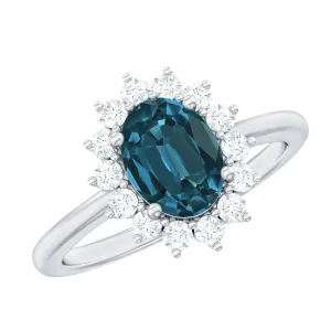 1.25 CT Princess Diana Inspired Oval Shape London Blue Topaz Engagement Ring Diamond Halo