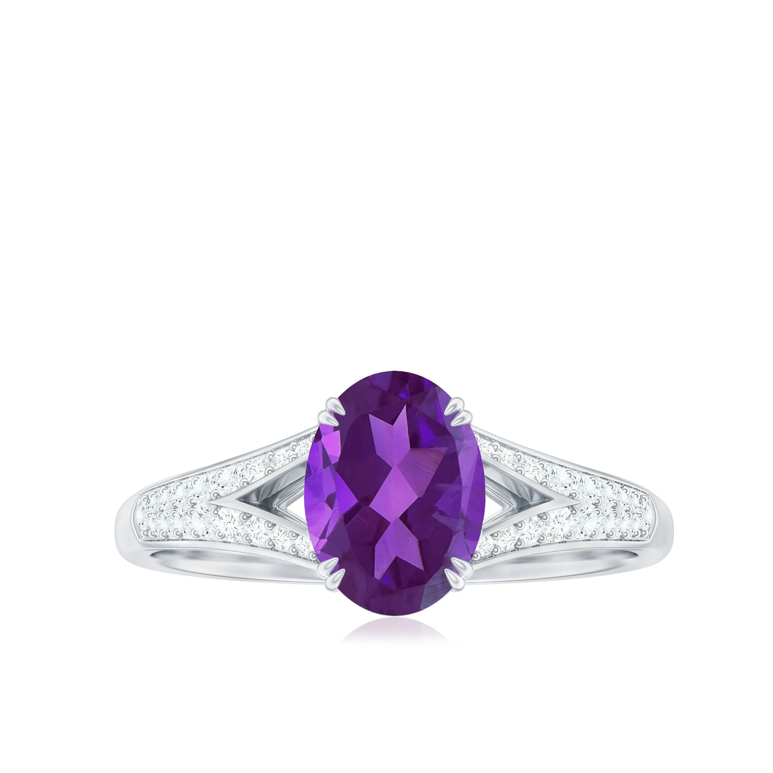 1.25 CT Split Shank Oval Amethyst Solitaire Engagement Ring with Diamond