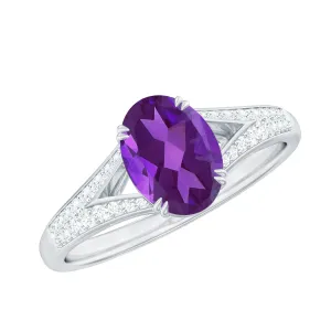 1.25 CT Split Shank Oval Amethyst Solitaire Engagement Ring with Diamond