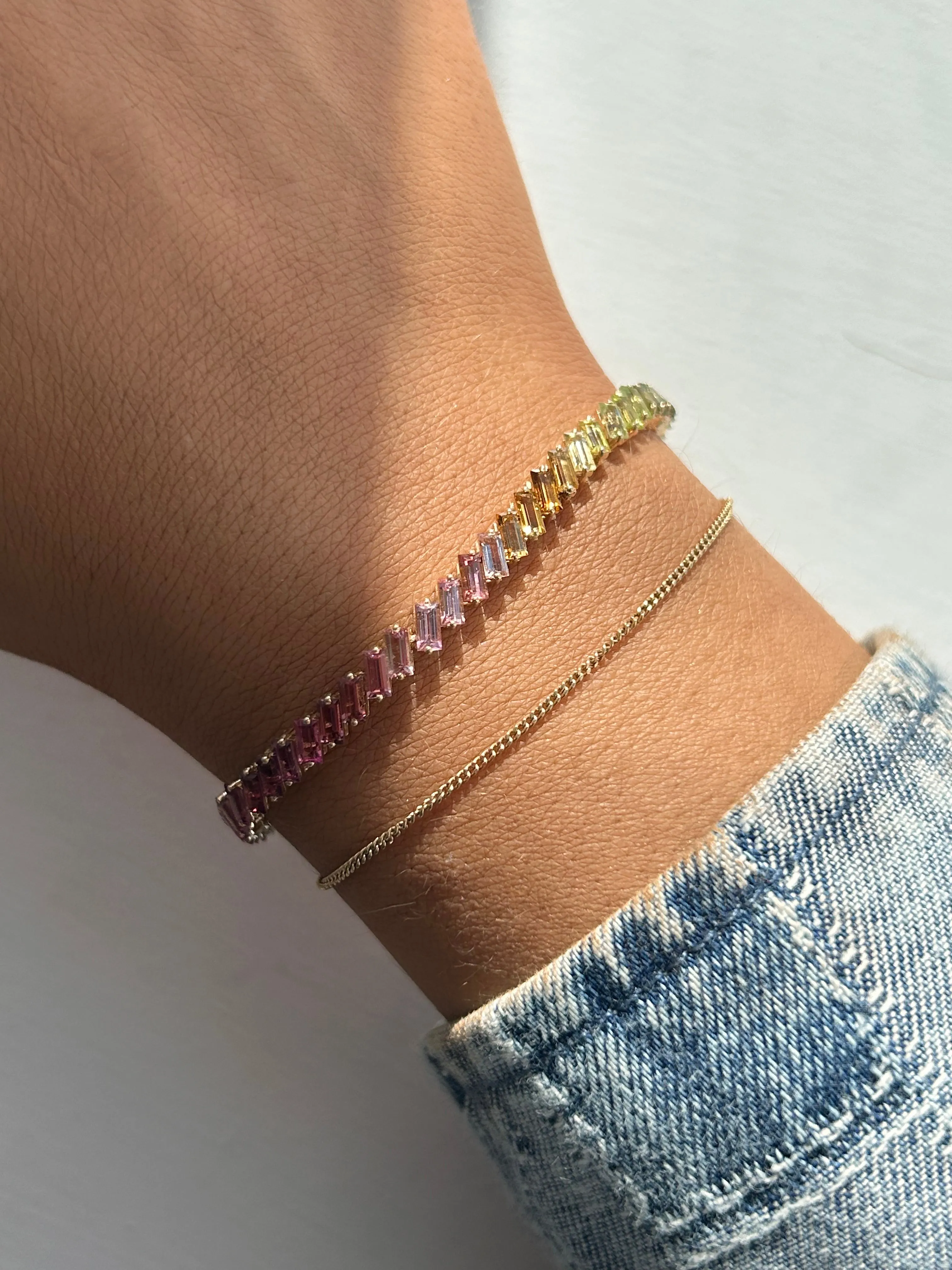 14ct Yellow Gold Earth Grown 7.33ct Rainbow Pastel Baguette Tourmaline Tennis Bracelet