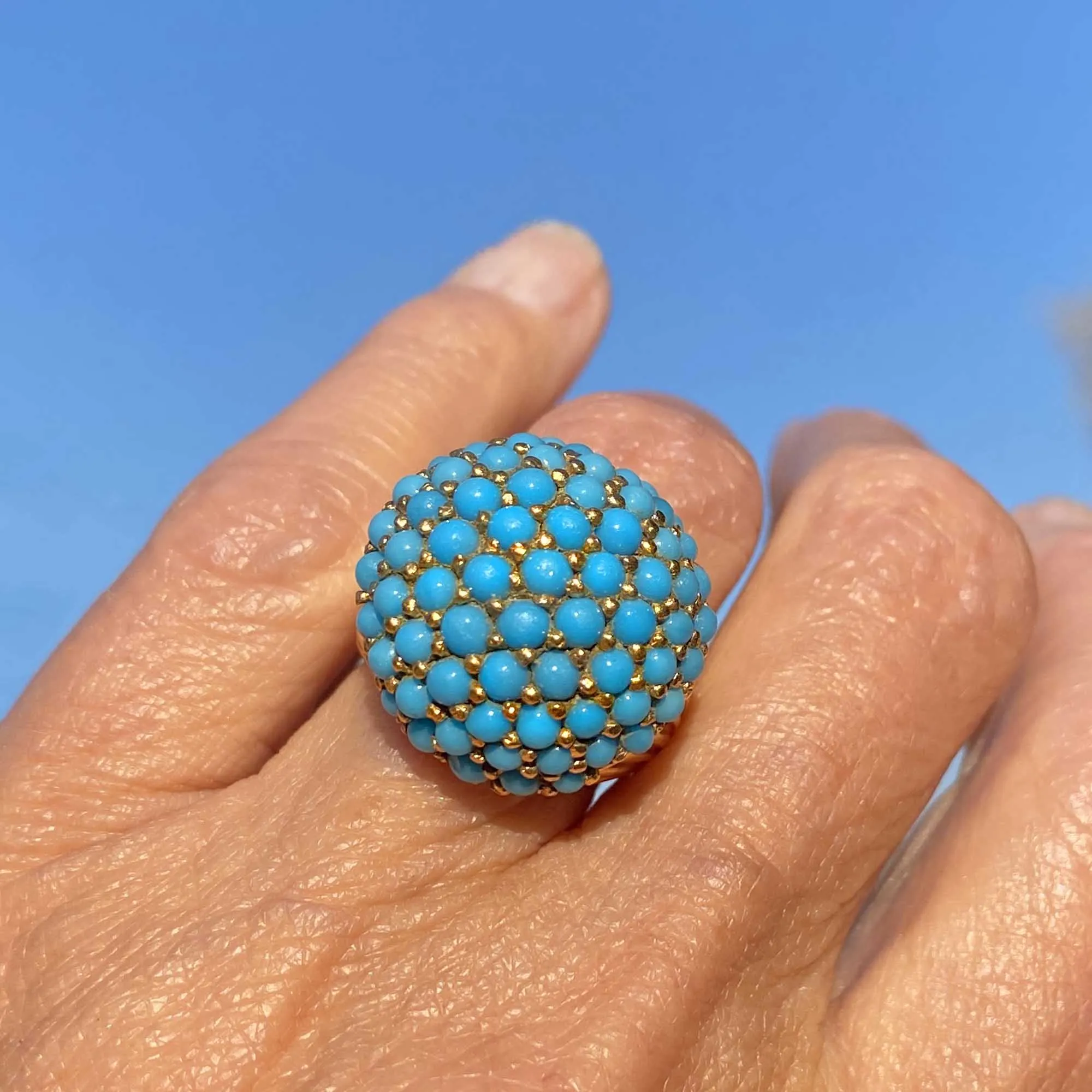 14K Gold Pave Turquoise Dome Bombe Ring