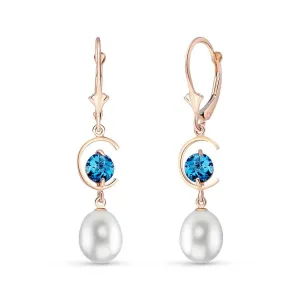 14K Solid Rose Gold Leverback Earrings Blue Topaz & Pearl Certified