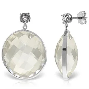 14K Solid White Gold Diamonds Stud Earrings w/ Dangling Checkerboard Cut Round White Topaz