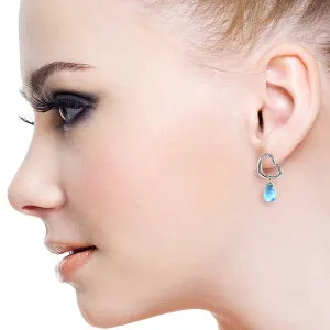 14K Solid White Gold Heart Earrings w/ Dangling Natural Blue Topaz