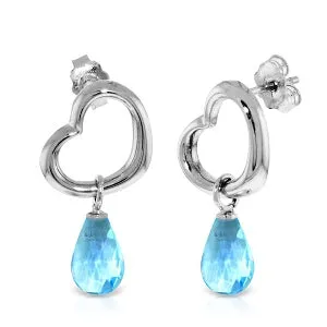 14K Solid White Gold Heart Earrings w/ Dangling Natural Blue Topaz