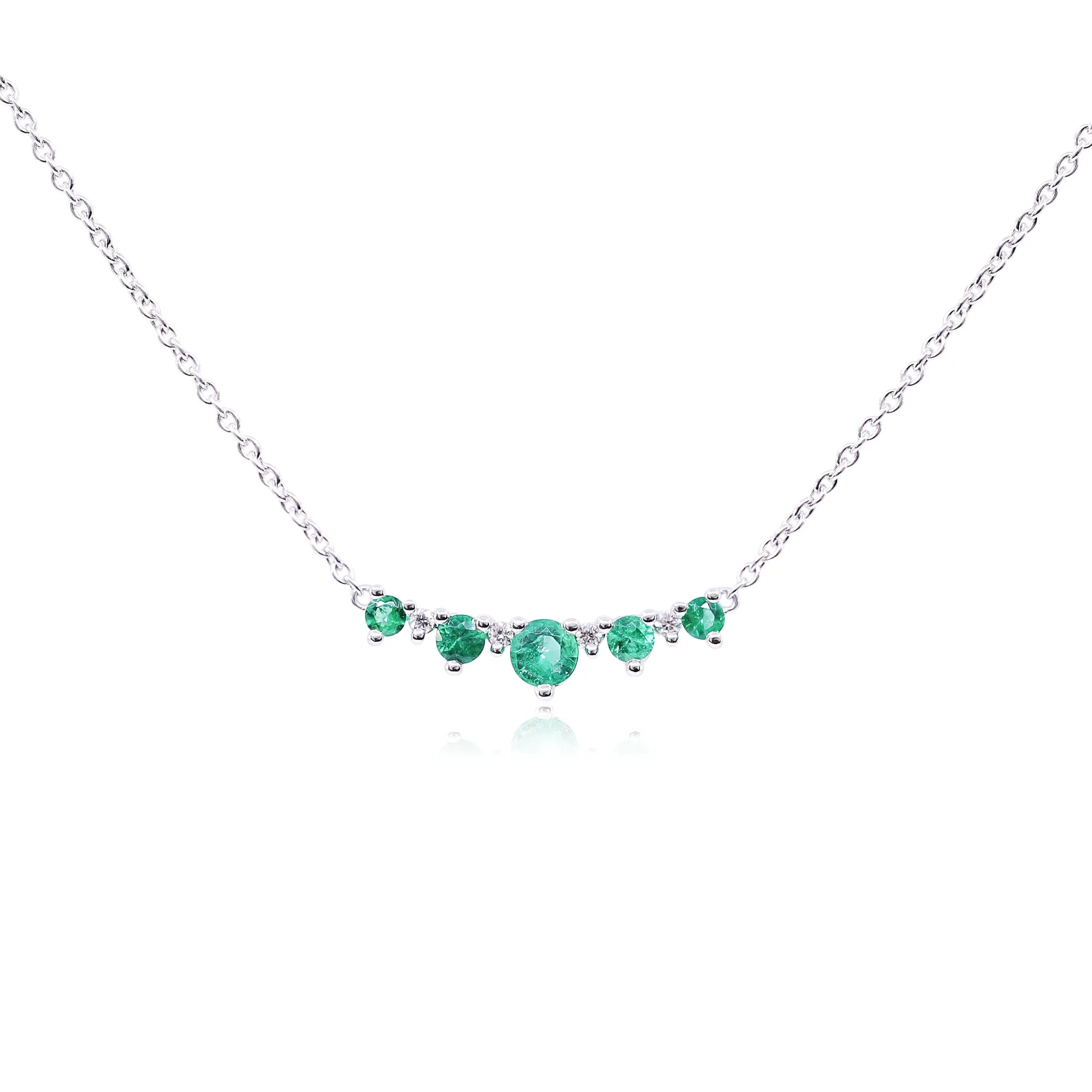 14K WHITE GOLD EMERALD DIAMOND BAR PENDANT CABLE CHAIN NECKLACE - 18 INCH