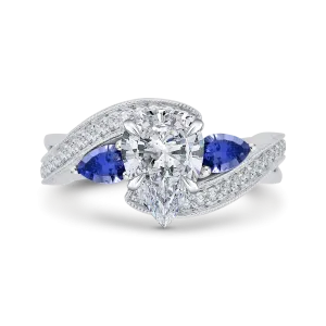 14K White Gold Pear Diamond Engagement Ring with Sapphire (Semi Mount)