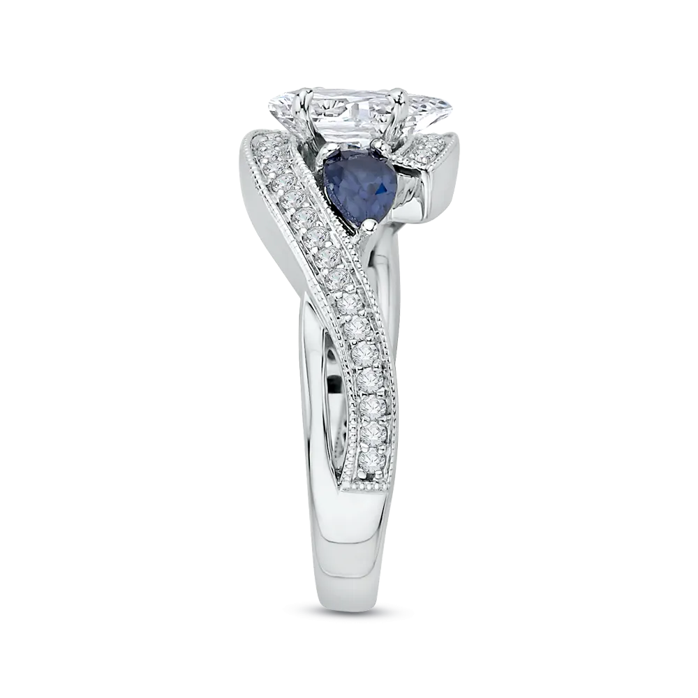 14K White Gold Pear Diamond Engagement Ring with Sapphire (Semi Mount)