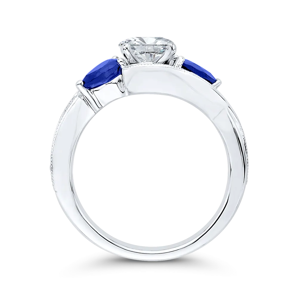 14K White Gold Pear Diamond Engagement Ring with Sapphire (Semi Mount)