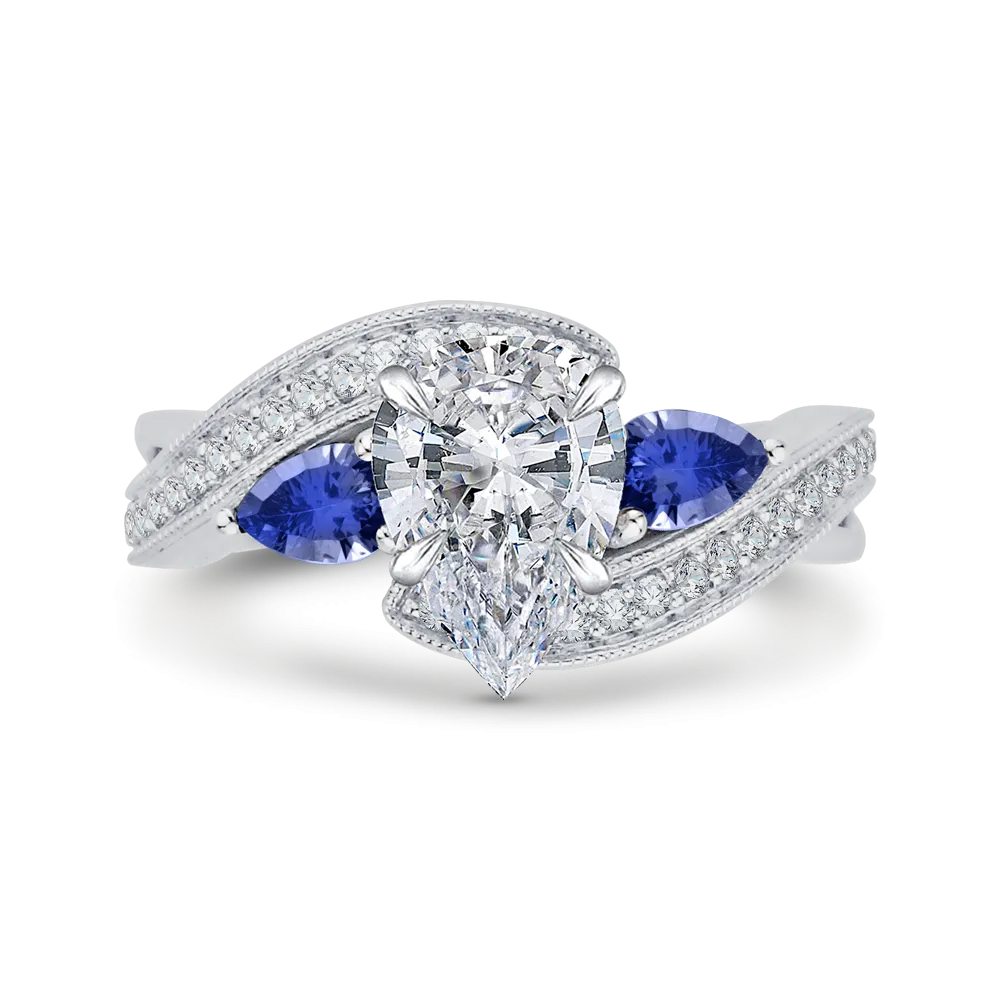 14K White Gold Pear Diamond Engagement Ring with Sapphire (Semi Mount)