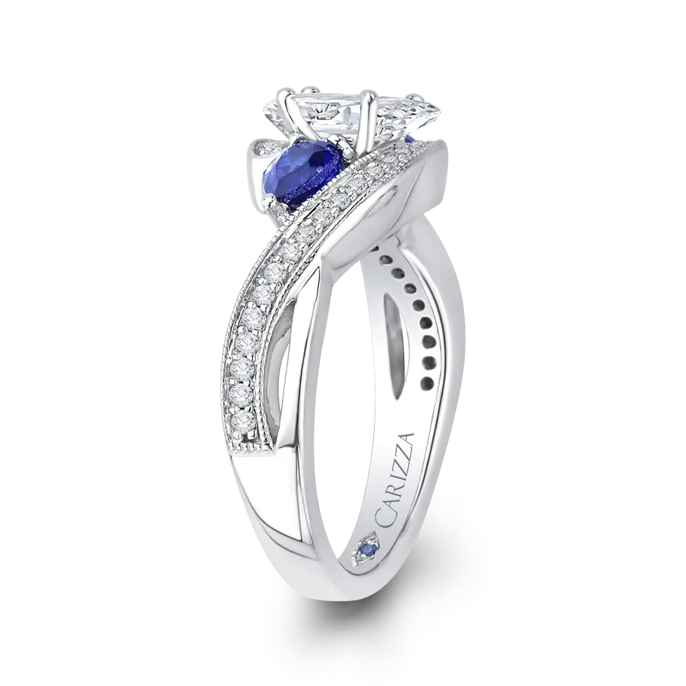 14K White Gold Pear Diamond Engagement Ring with Sapphire (Semi Mount)