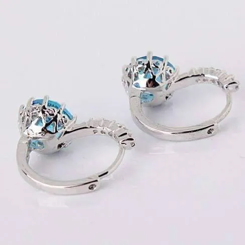 14K White Gold Plated Setting Topaz CZ Solitaire Hoop Earrings For Woman