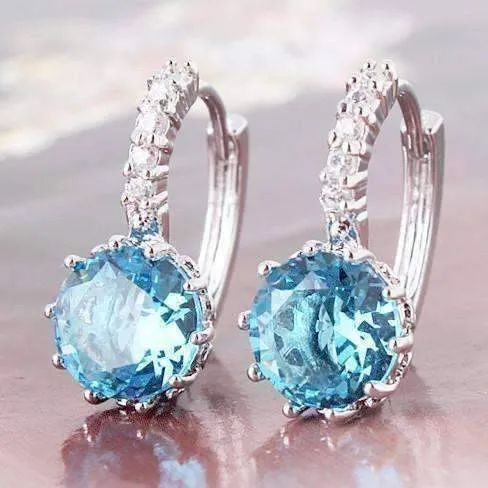 14K White Gold Plated Setting Topaz CZ Solitaire Hoop Earrings For Woman