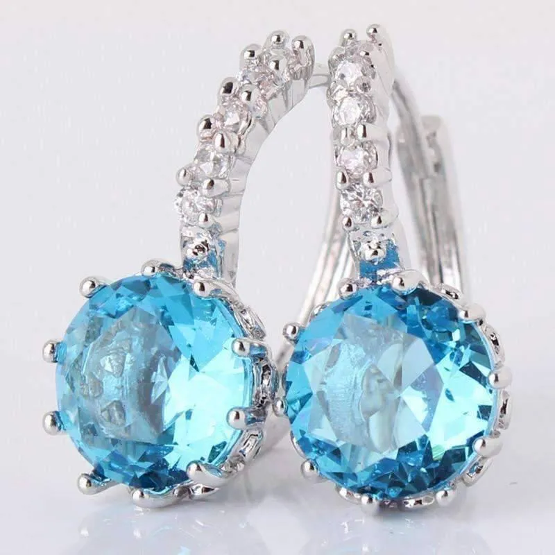 14K White Gold Plated Setting Topaz CZ Solitaire Hoop Earrings For Woman