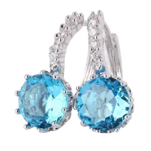 14K White Gold Plated Setting Topaz CZ Solitaire Hoop Earrings For Woman