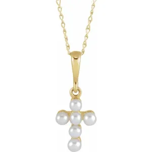 14K Yellow or White Gold Cultured White Seed Pearl Youth Cross 16" Necklace