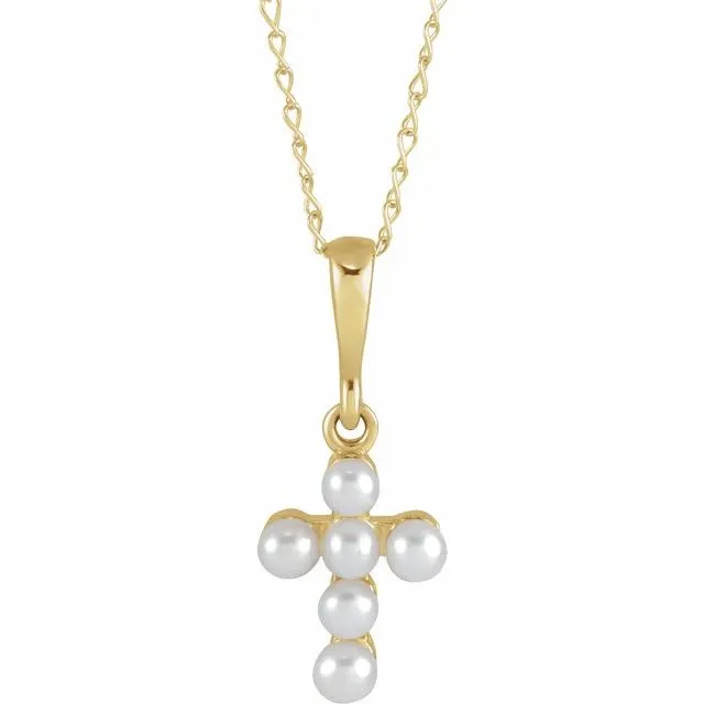 14K Yellow or White Gold Cultured White Seed Pearl Youth Cross 16" Necklace