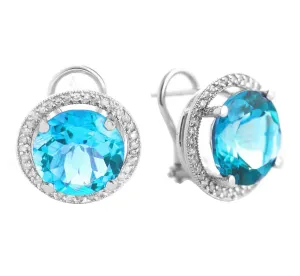 16 Carat 14K Solid White Gold French Clips Earrings Diamond Blue Topaz