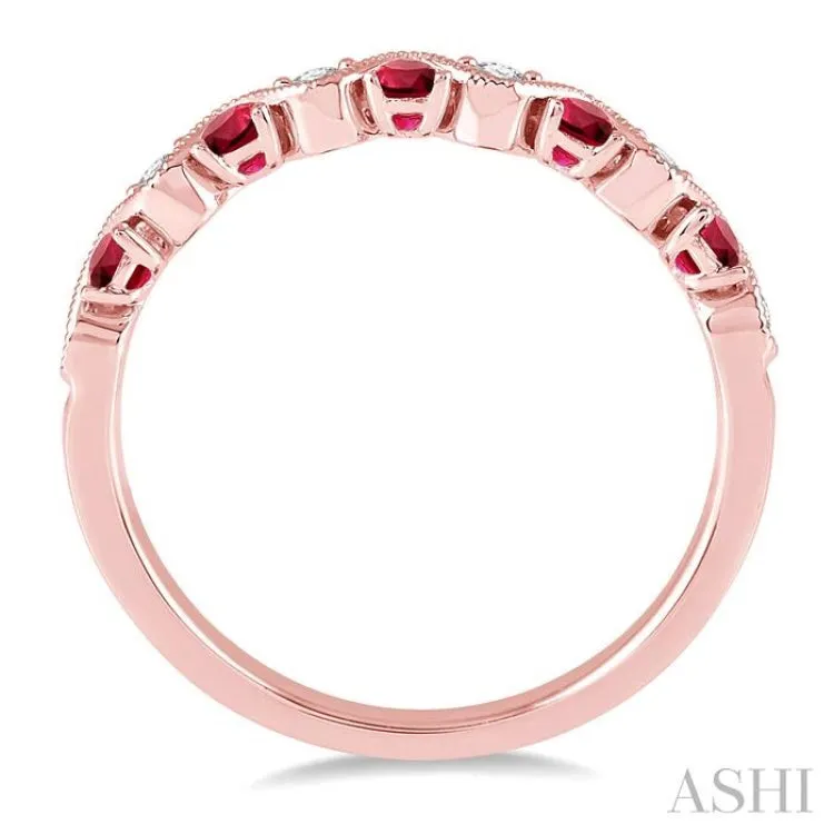 1/6 Ctw Round Cut Diamond and 1.80mm Ruby Precious Waves Wedding Band in 14K Rose Gold