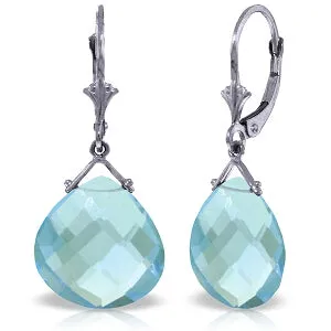 17 Carat 14K Solid White Gold Leverback Earrings Checkerboard Cut Blue Topaz