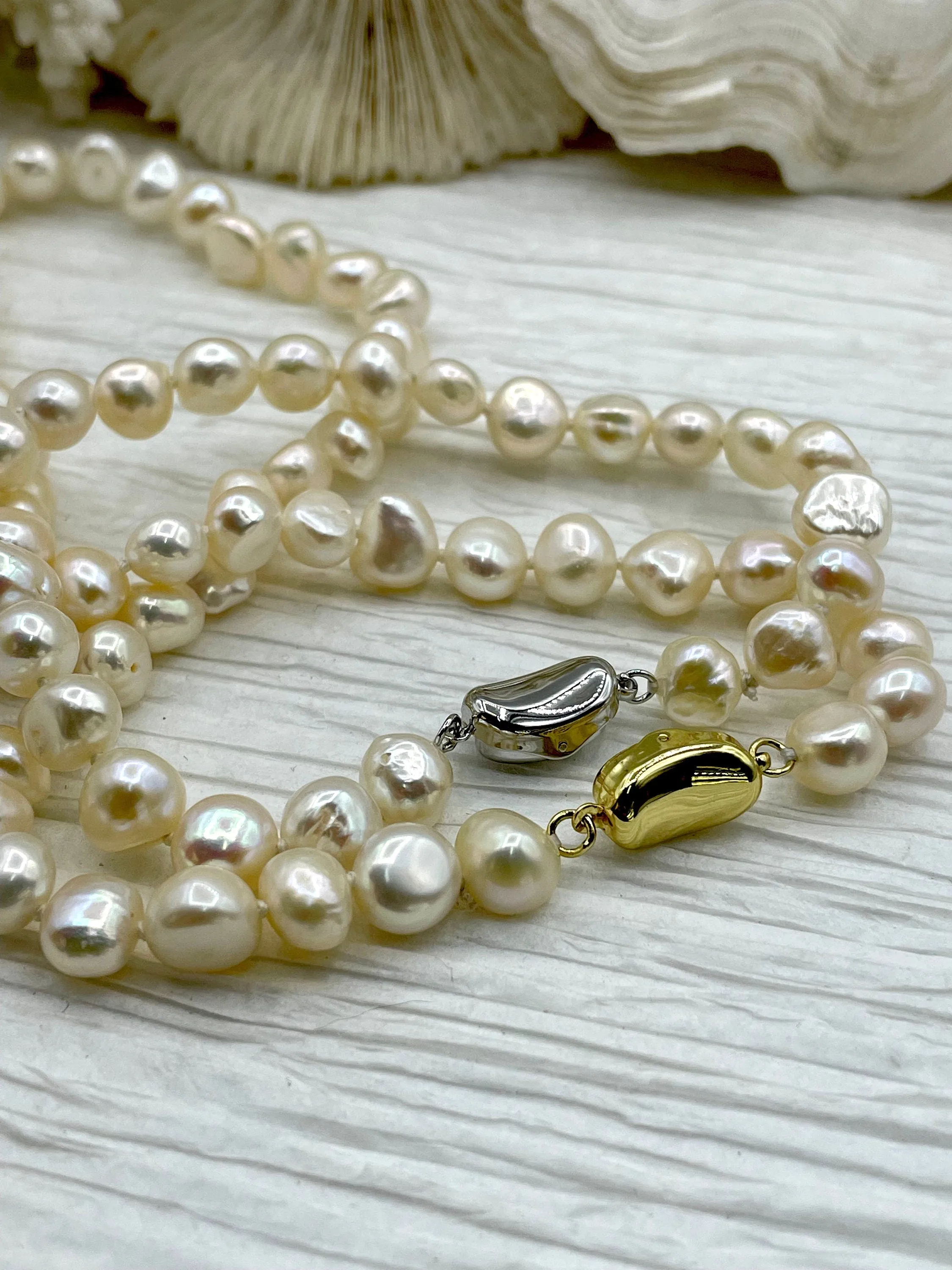 18'' AAA 8-9mm White Nugget Natural Freshwater Pearl Necklace,Silver or Gold Clasp,Hand Knotted, High Luster Freshwater Pearl, Fast Shipping