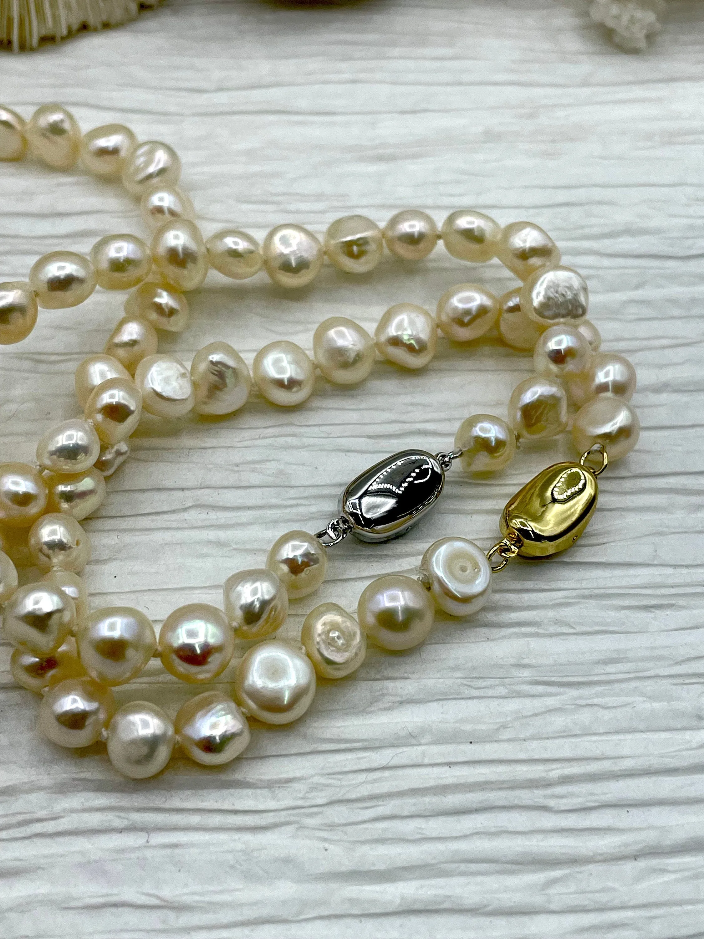 18'' AAA 8-9mm White Nugget Natural Freshwater Pearl Necklace,Silver or Gold Clasp,Hand Knotted, High Luster Freshwater Pearl, Fast Shipping