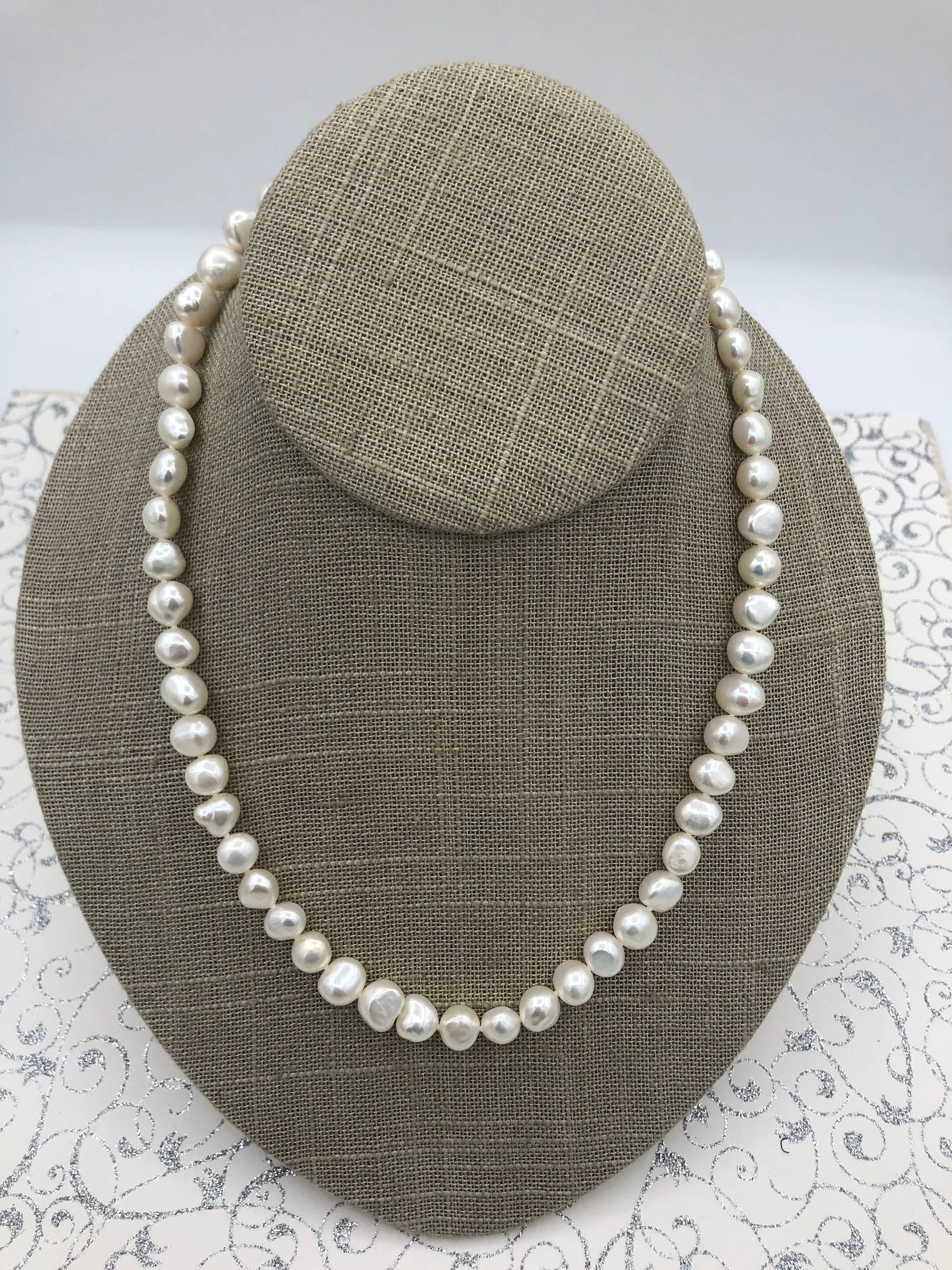 18'' AAA 8-9mm White Nugget Natural Freshwater Pearl Necklace,Silver or Gold Clasp,Hand Knotted, High Luster Freshwater Pearl, Fast Shipping