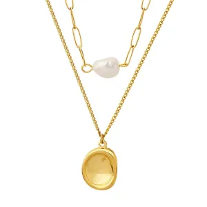 18K Gold Plated Stainless Steel Baroque Pearl Layered Necklace