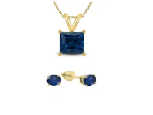 18K Yellow Gold 1/2ct Blue Sapphire Square 18 Inch Necklace and Round Earrings Set Plated