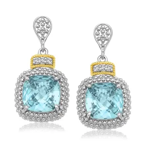 18k Yellow Gold & 925 Silver Sky Blue Topaz & Diamond Earrings .05cttw