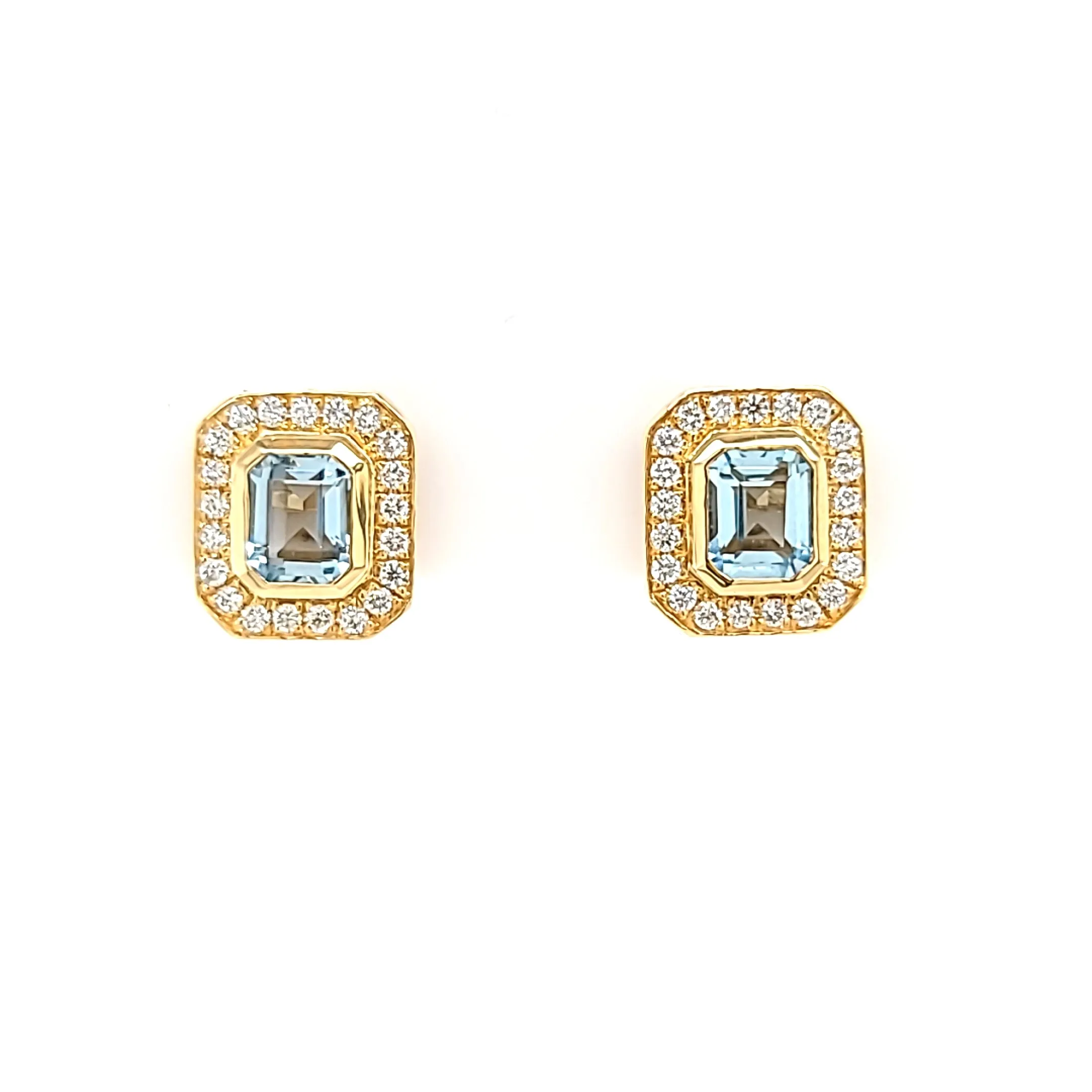 18k Yellow Gold Blue Topaz Halo Stud Earrings (I6607)