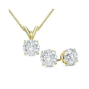 18K Yellow Gold Round 1ct White Sapphire Round 18 Inch Necklace and Earrings Set Plated