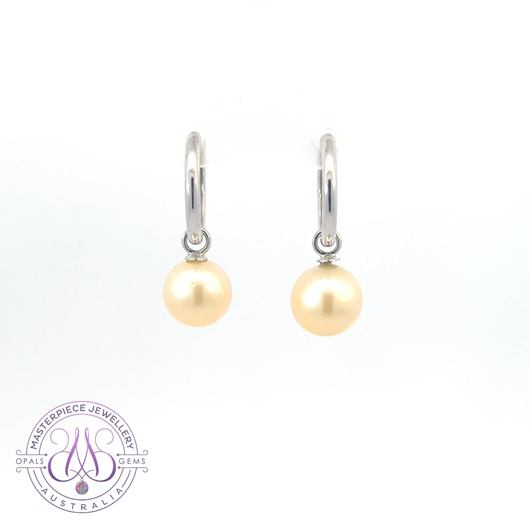 18kt White Gold Huggie Round style dangling 9-9.5mm South Sea Pearl Champagne earrings