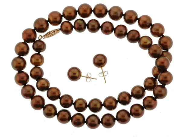 18" Chocolate Pearl Necklace and Round Shaped Earrings Set (SKU: 190203)