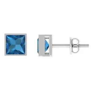 1 CT Princess Cut London Blue Topaz Solitaire Stud Earrings