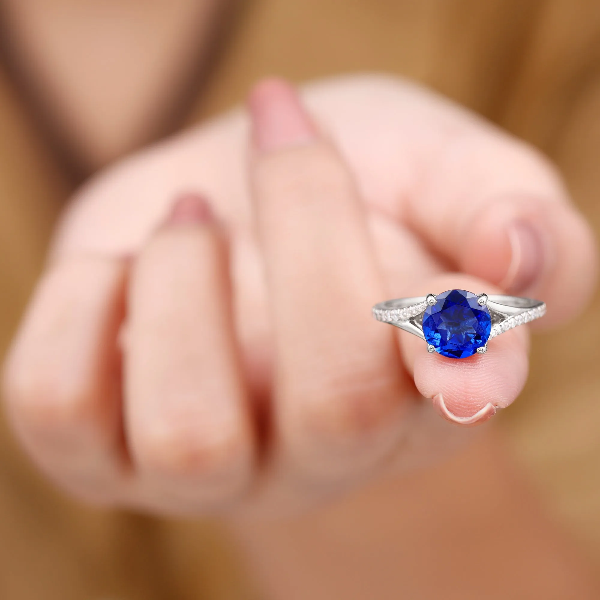 2.25 CT Lab Created Blue Sapphire Solitaire Ring with Diamond Side Stones