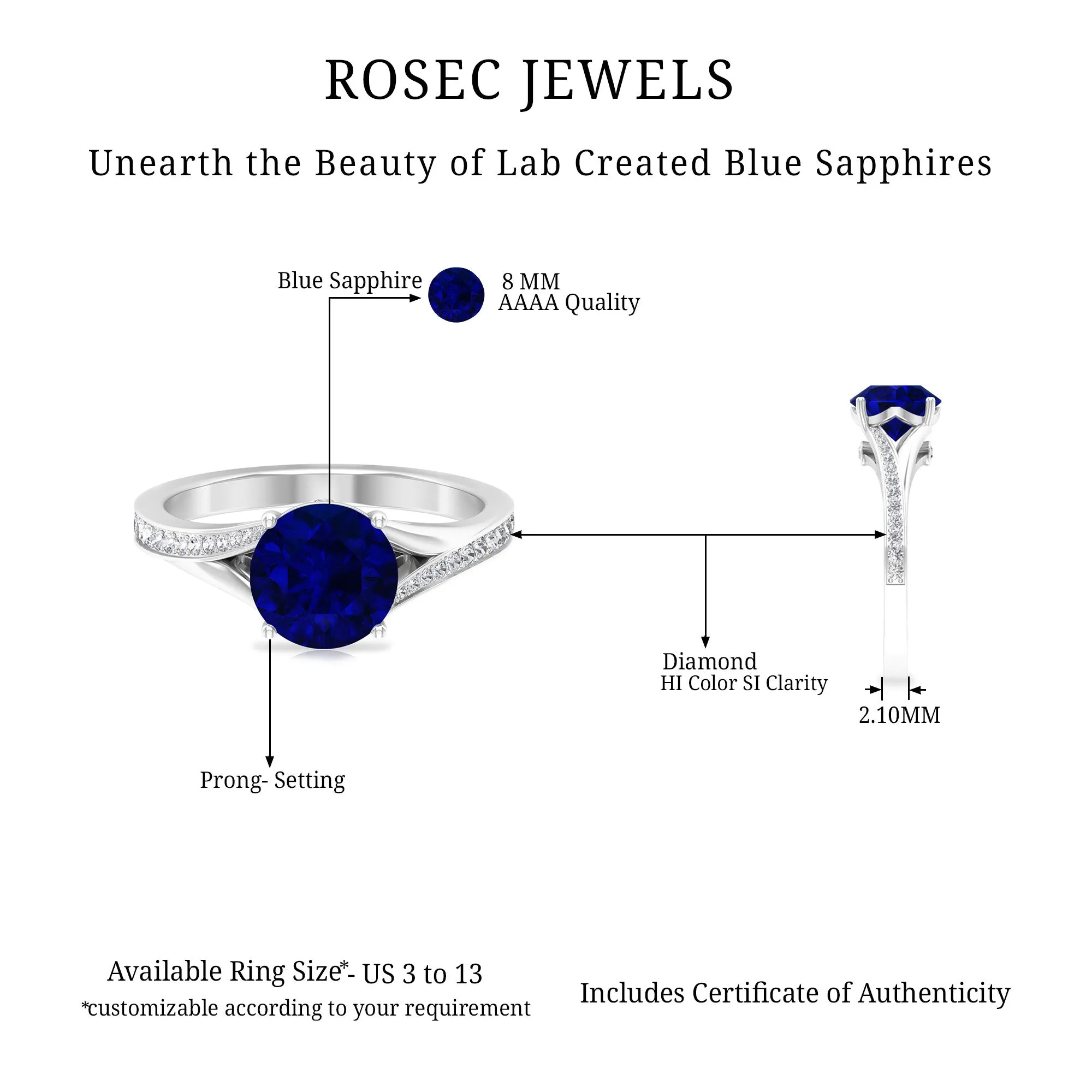 2.25 CT Lab Created Blue Sapphire Solitaire Ring with Diamond Side Stones