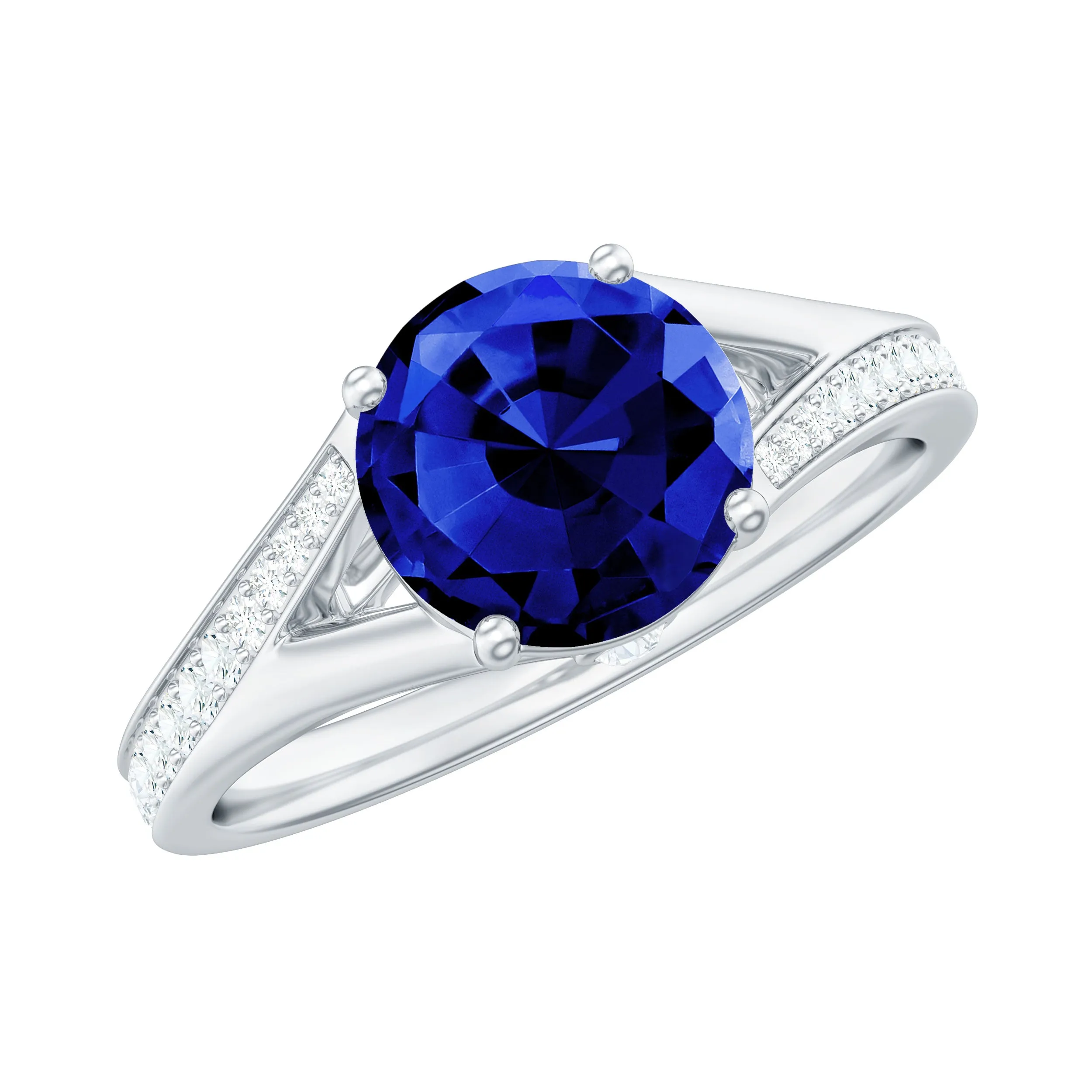 2.25 CT Lab Created Blue Sapphire Solitaire Ring with Diamond Side Stones