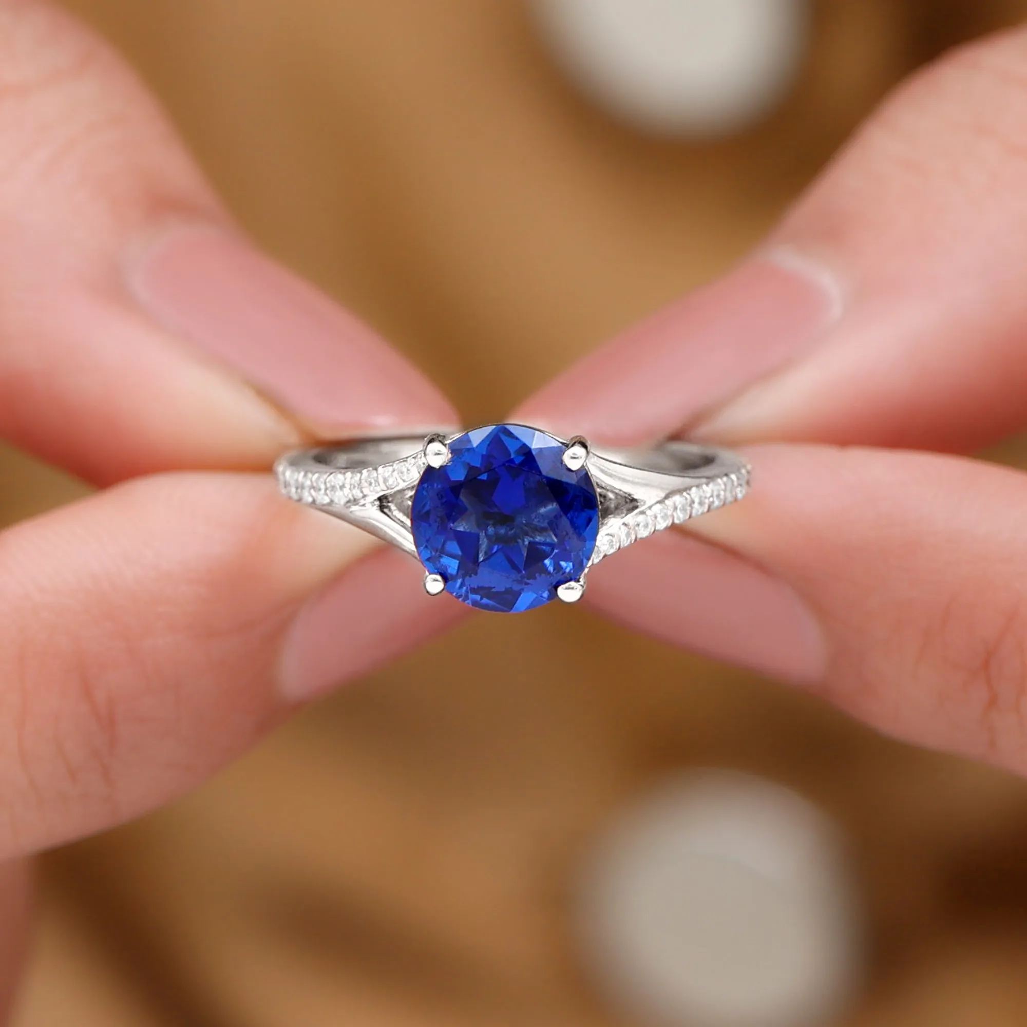 2.25 CT Lab Created Blue Sapphire Solitaire Ring with Diamond Side Stones