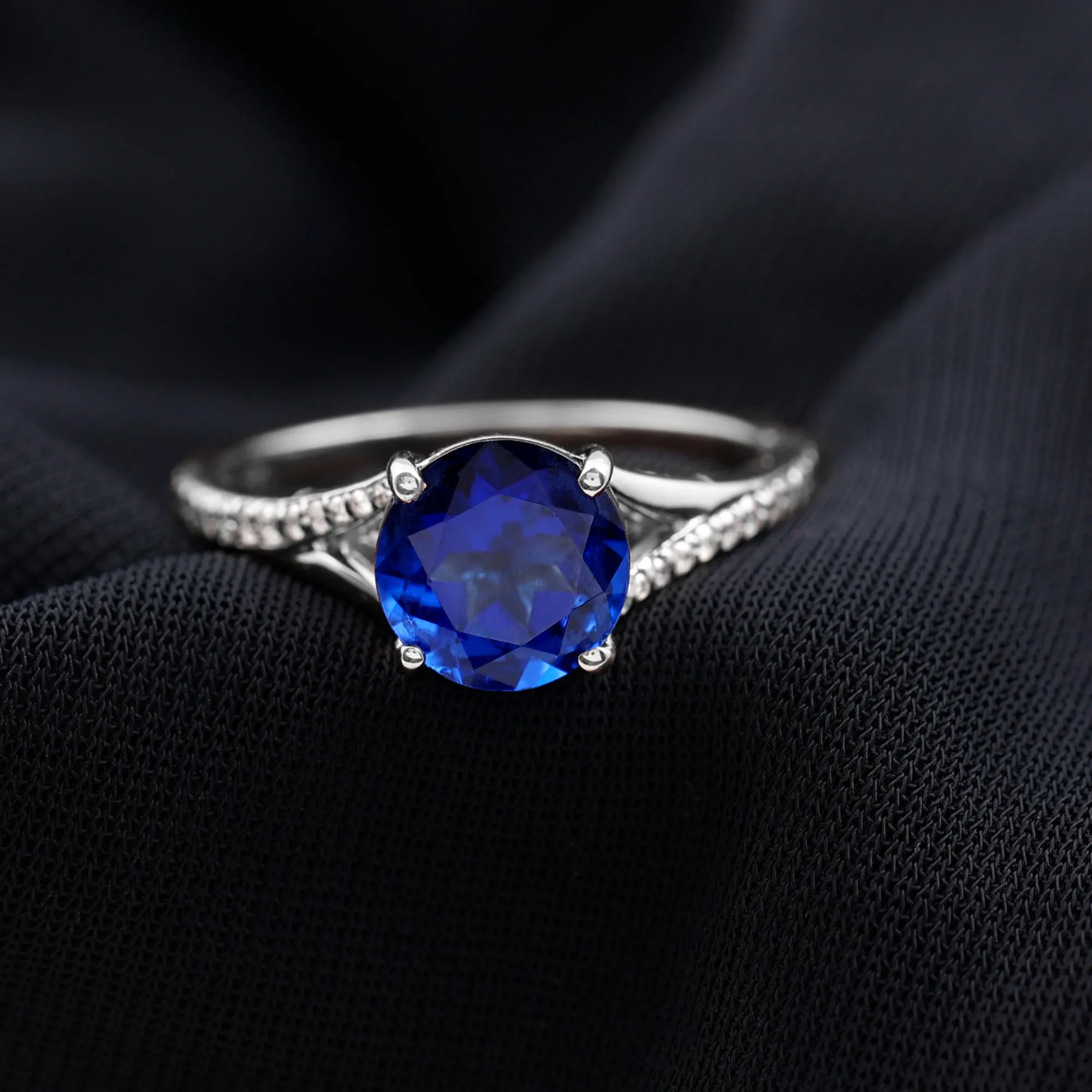 2.25 CT Lab Created Blue Sapphire Solitaire Ring with Diamond Side Stones