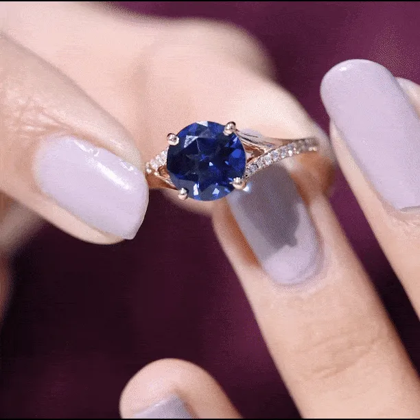 2.25 CT Lab Created Blue Sapphire Solitaire Ring with Diamond Side Stones