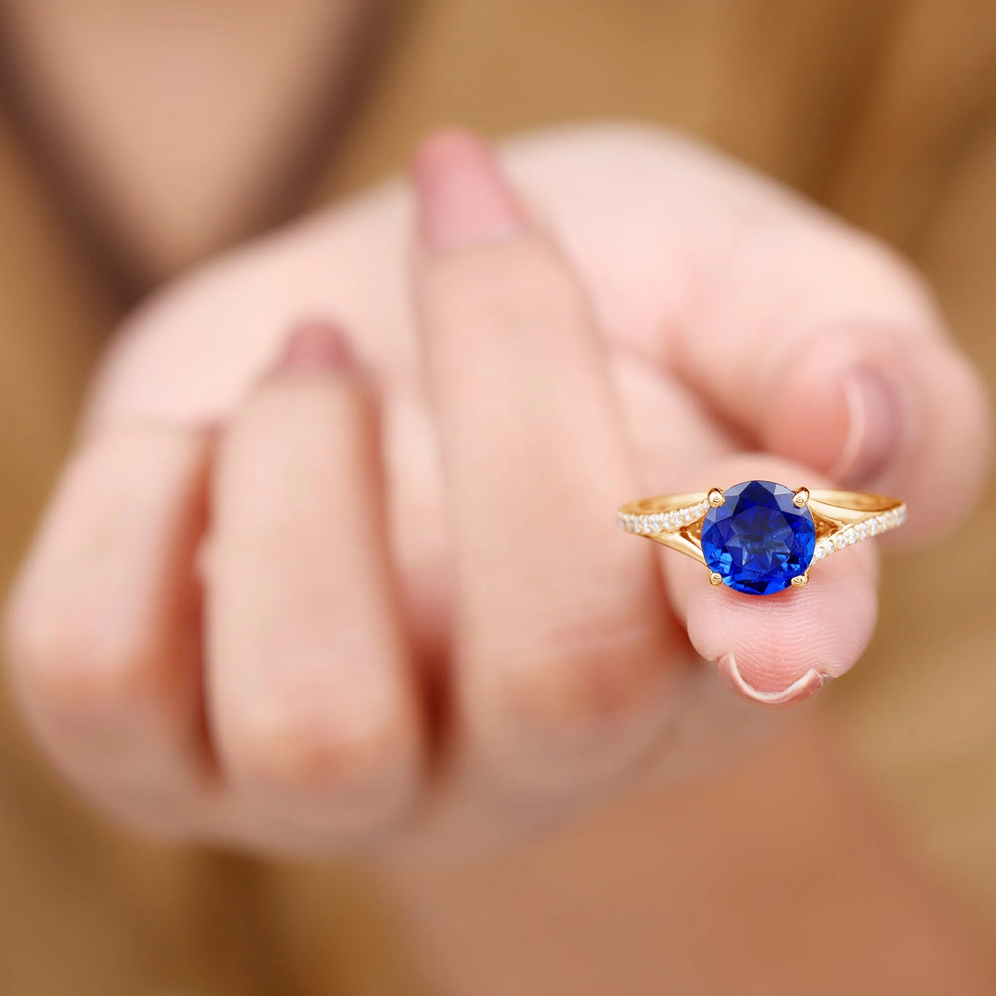 2.25 CT Lab Created Blue Sapphire Solitaire Ring with Diamond Side Stones